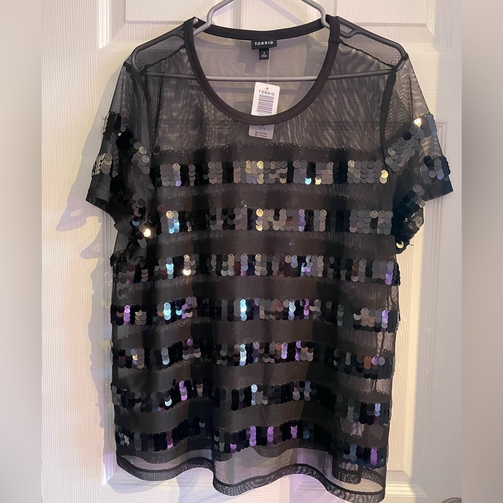 Torrid Sequin Mesh Chic Stripe Shimmer Short Sleeve 1X